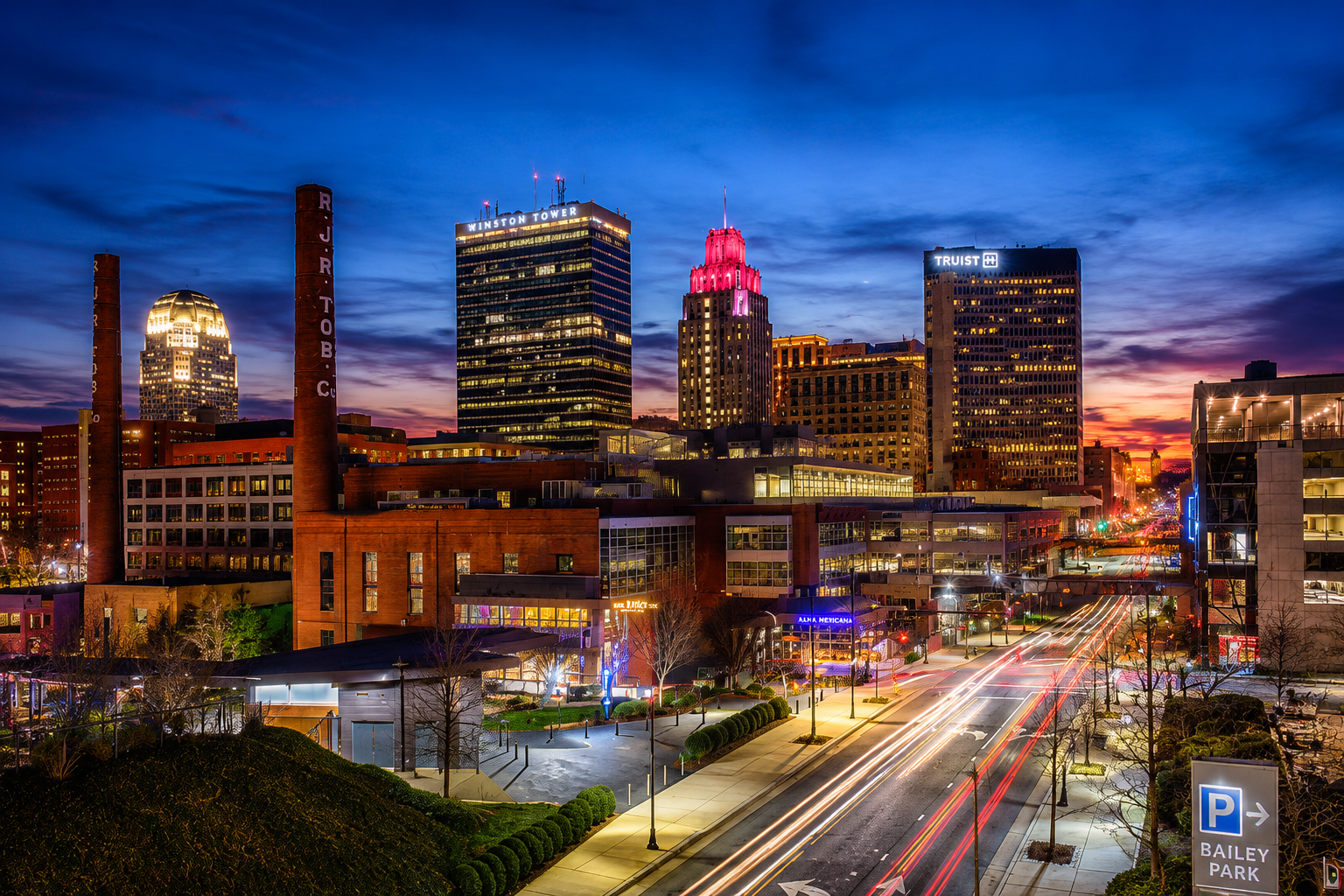 Winston-Salem, NC skyline at dusk with Winston Tower and downtown buildings, Appliance repair Winston-Salem NC