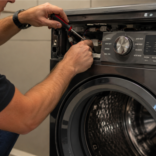 Technician repairing a washing machine control panel, Appliance repair Winston-Salem NC